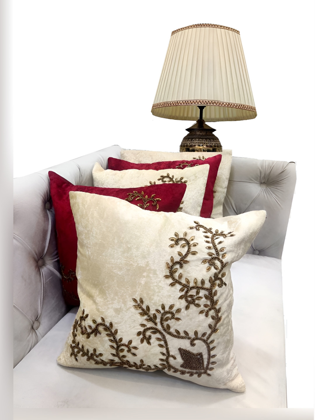 Good Vibes Cream & Red 5 Pieces Embellished Velvet Square Cushion Covers
