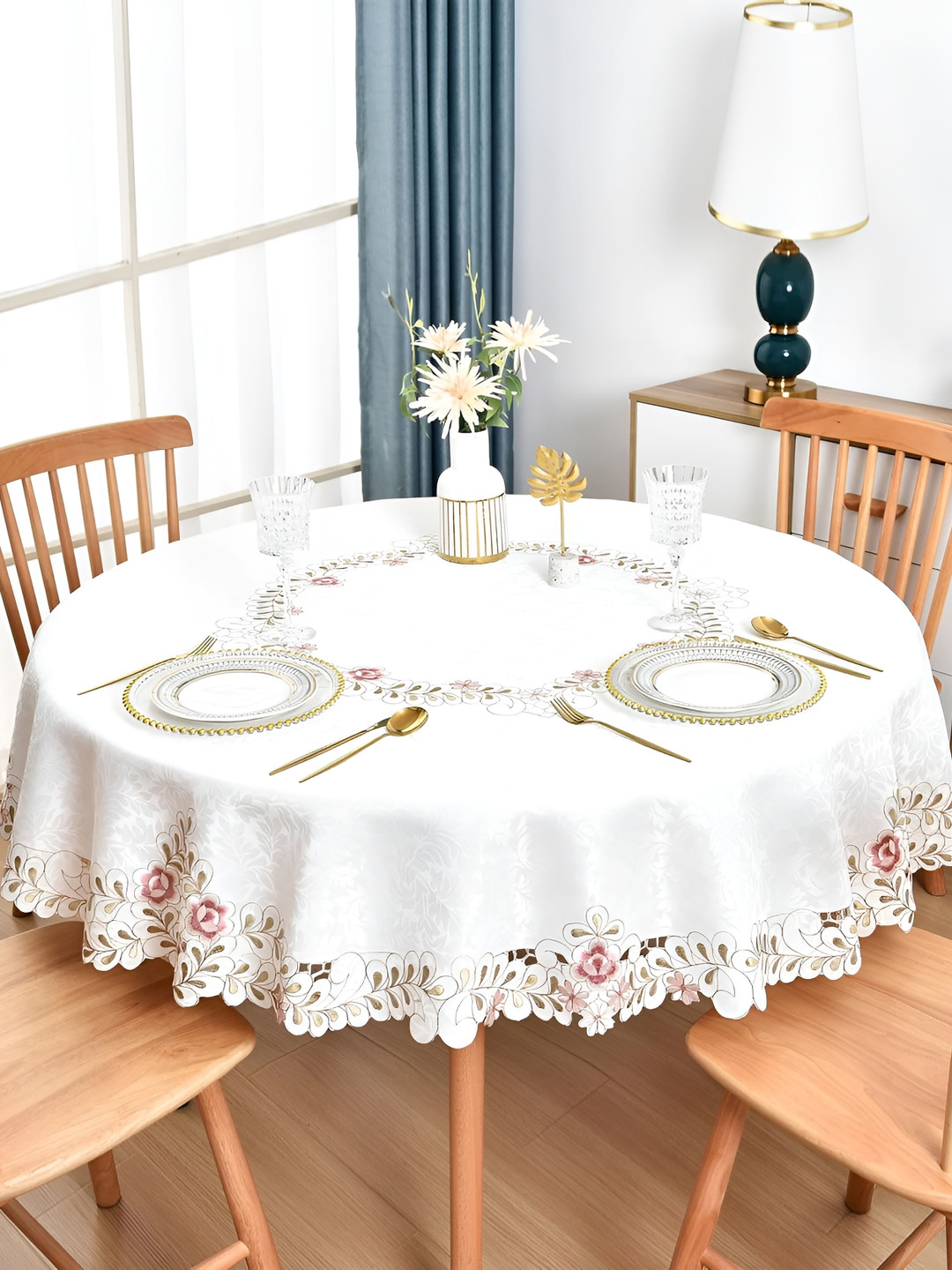 MONKDECOR White Floral Round 4-Seater Satin Table Cover with Embroidered details