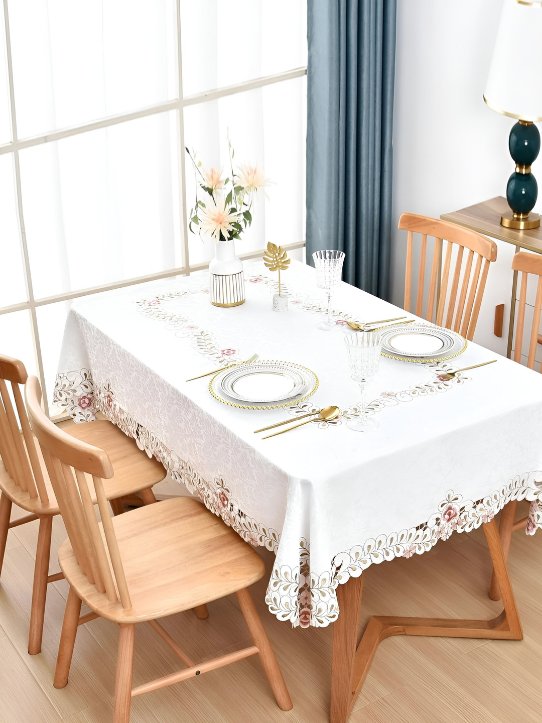 MONKDECOR White Satin Floral 6-Seater Embroidered Table Cover