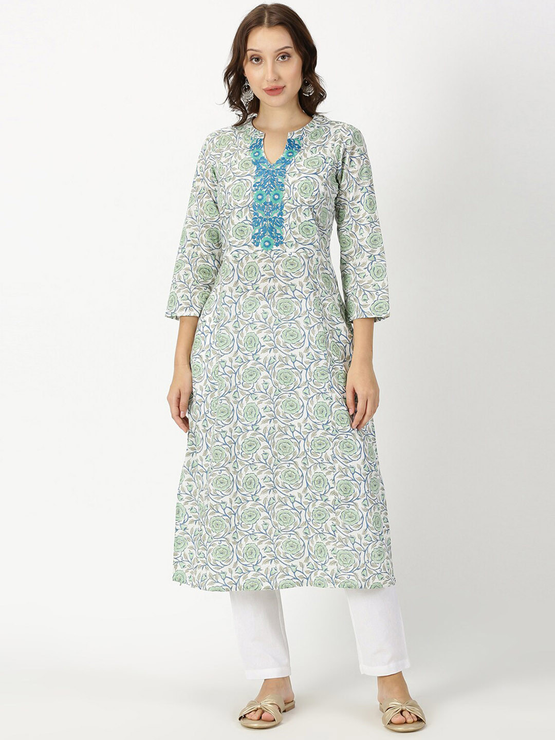 Saffron Threads Floral Printed Thread Work Mandarin Collar Cotton Straight Kurta