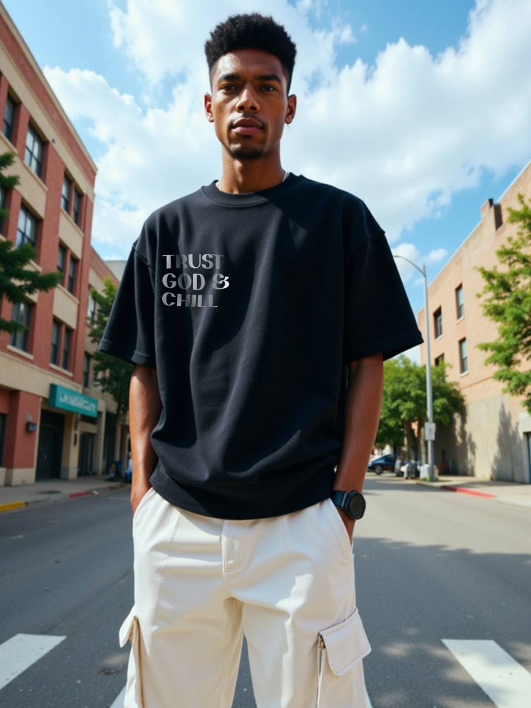 Mad Over Print Trust God Printed Drop-Shoulder Sleeves Cotton Oversized Tshirt