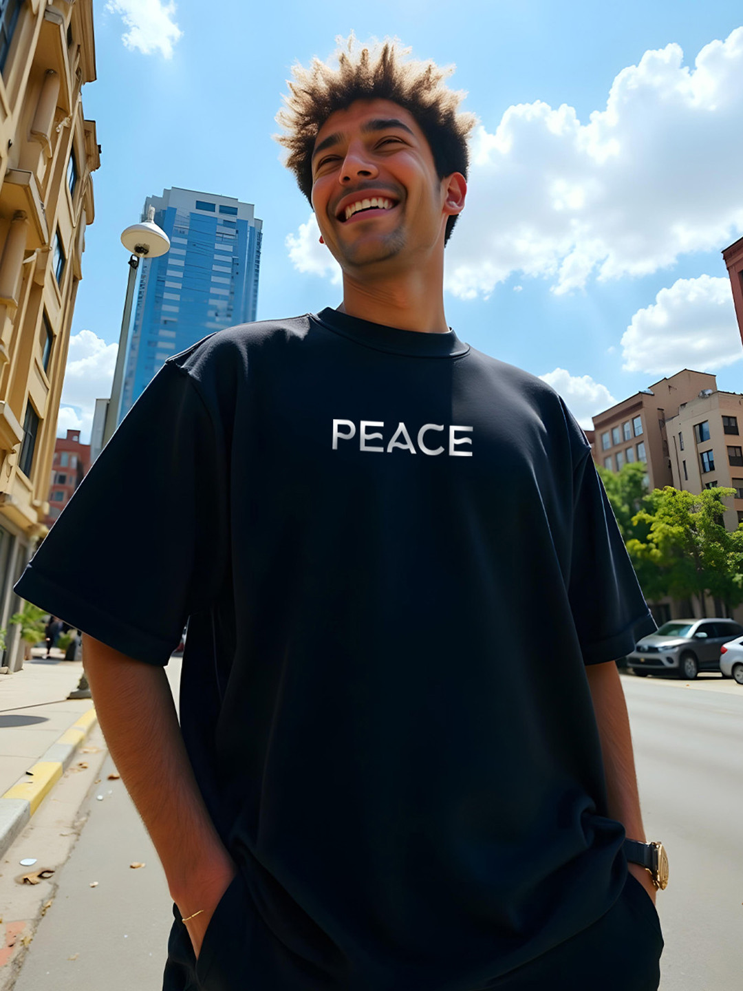 Mad Over Print Peace Printed Drop-Shoulder Sleeves Cotton Oversized Tshirt