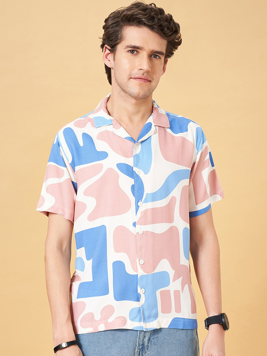 People Abstract Printed Slim Fit Cuban Collar Casual Shirt