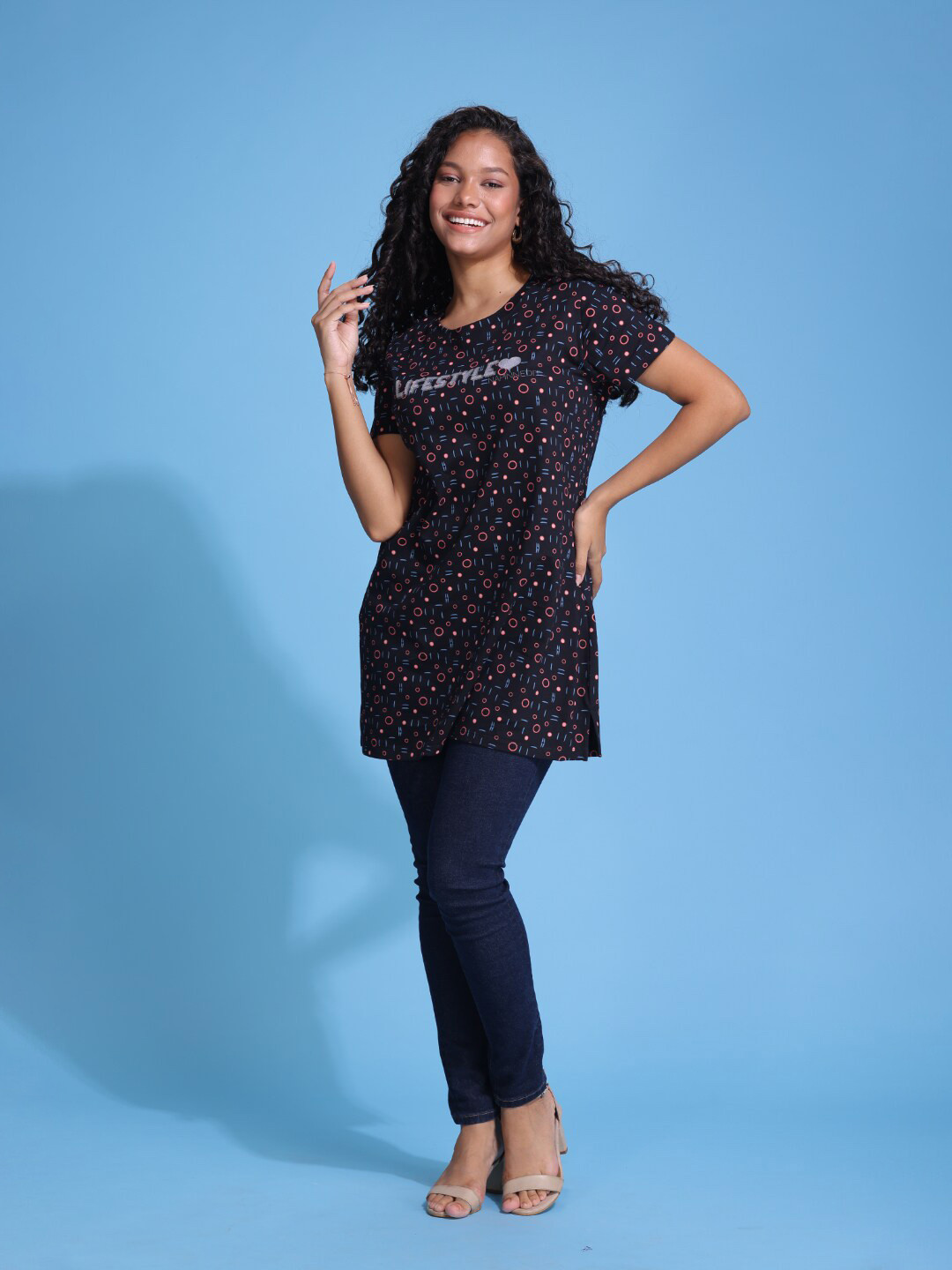 TITTLI Women Pure Cotton All Over Printed Round Neck Short Sleeves Tunic T-Shirt