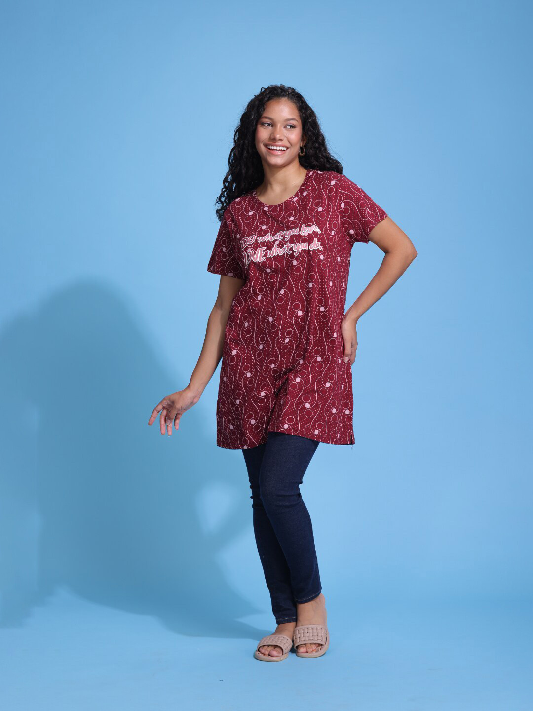 TITTLI Women Pure Cotton All Over Printed Round Neck Short Sleeves Tunic T-Shirt