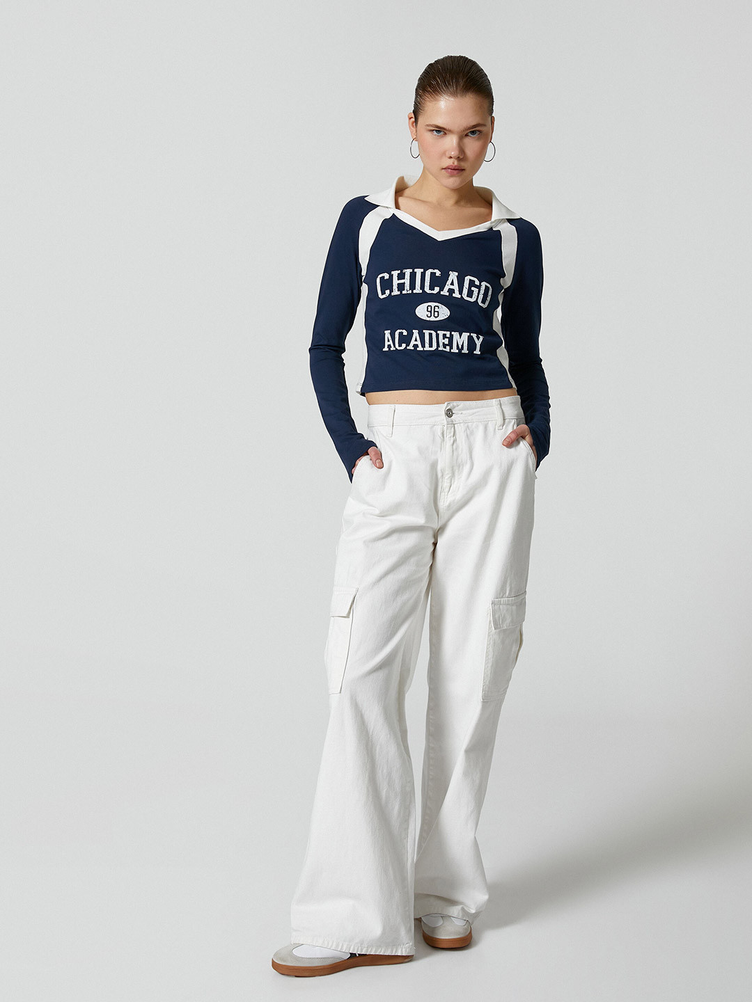 Koton Typography Printed Polo Collar Long Sleeves Crop T-shirt