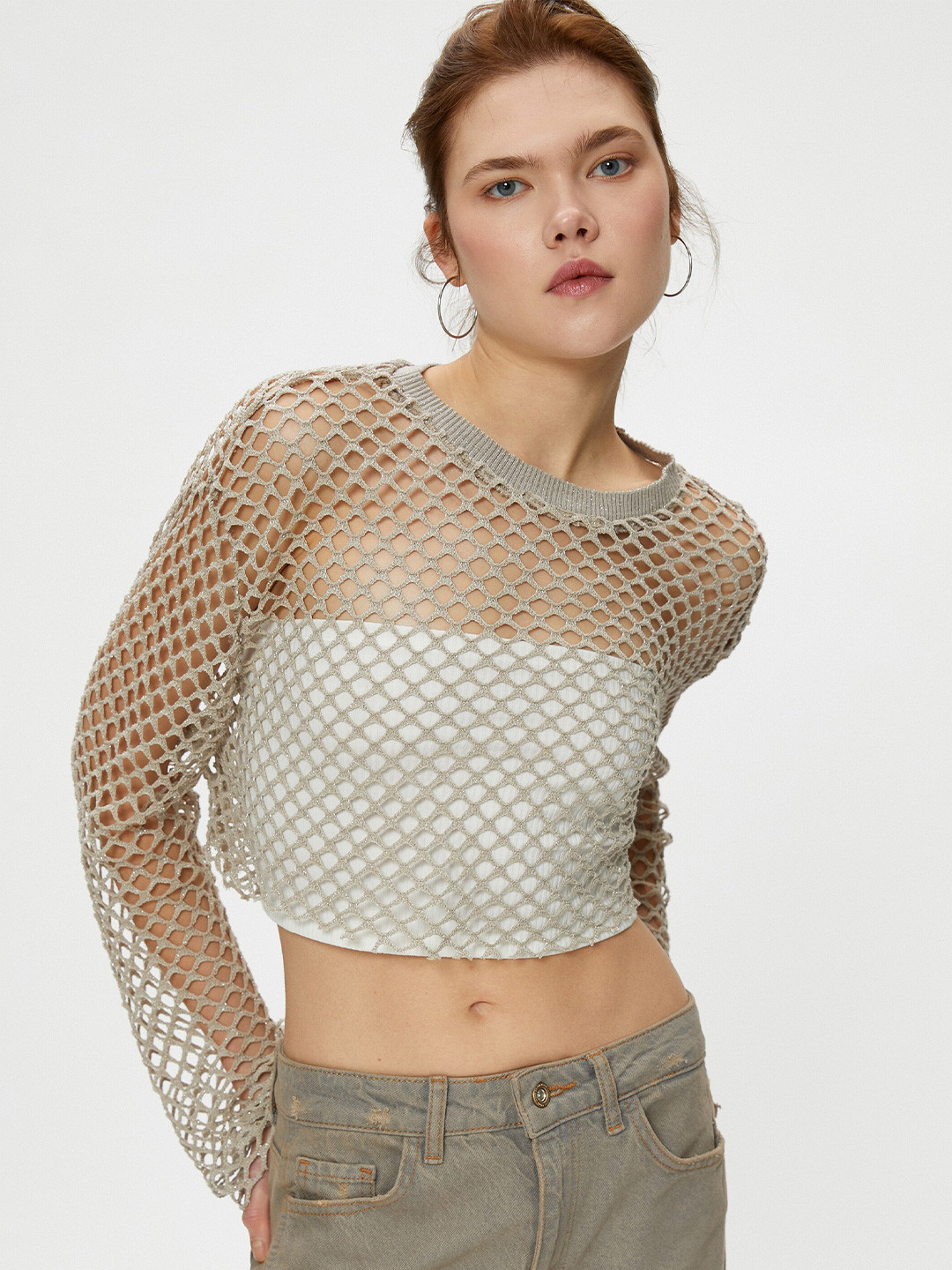 Koton Self Designed Extended Sleeves Sheer Crop Top