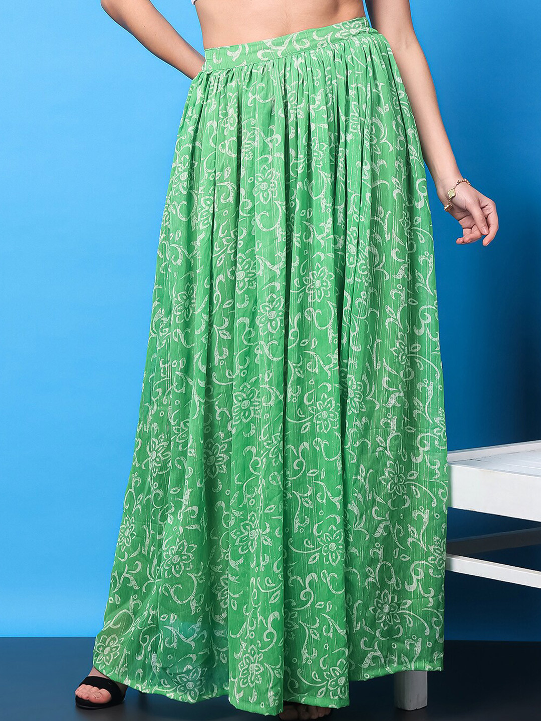 Cation Green Verdant Bloom Floral Printed Gathered Flared Maxi Skirt
