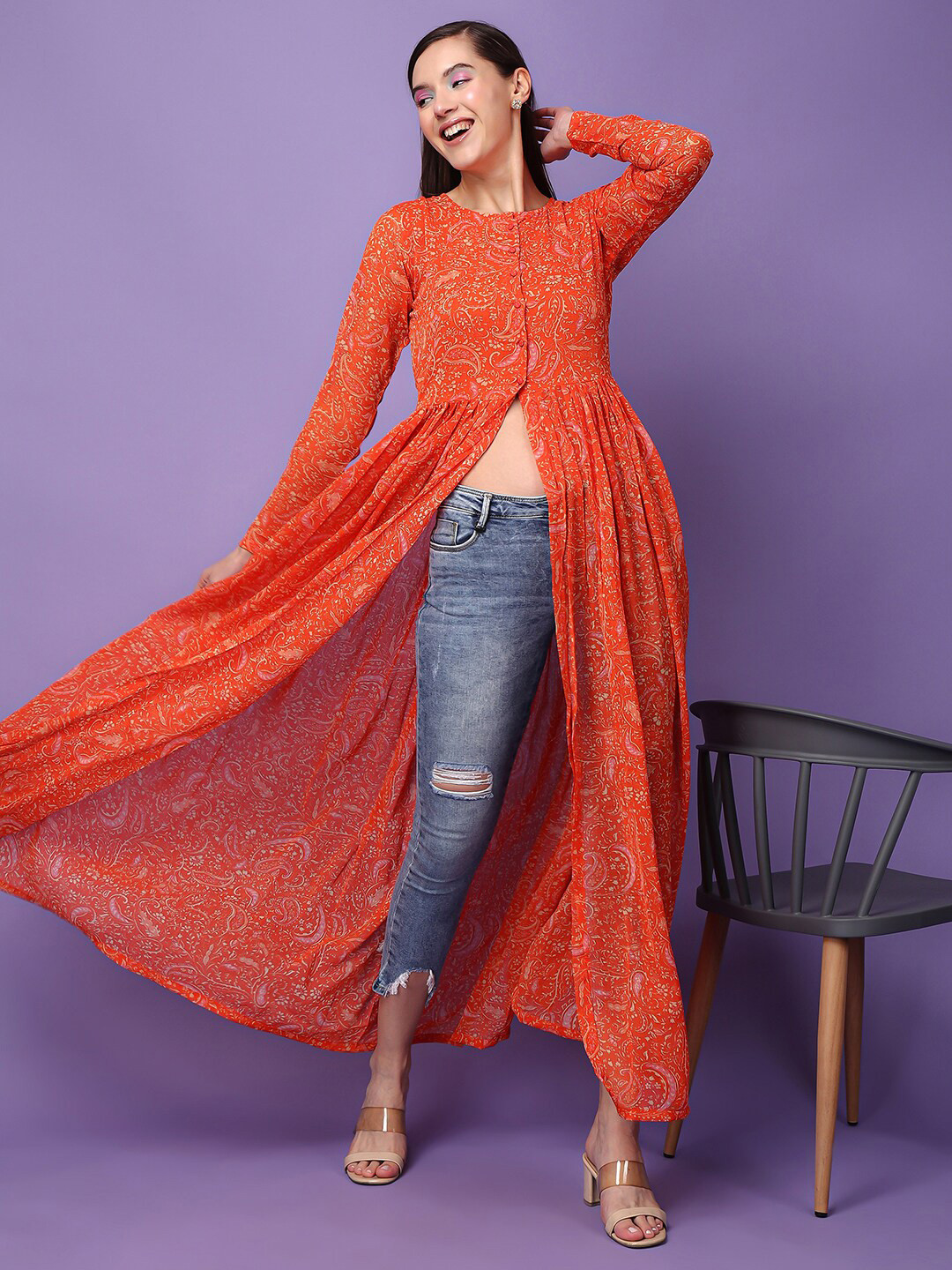 Cation Ethnic Motifs Printed Chiffon Longline Tunics