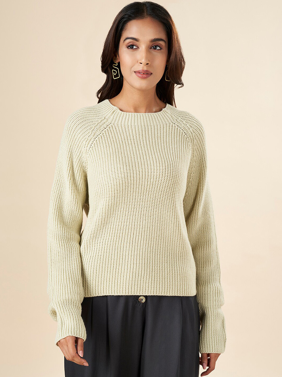 AKKRITI BY PANTALOONS Ribbed Raglan Sleeves Acrylic Pullover