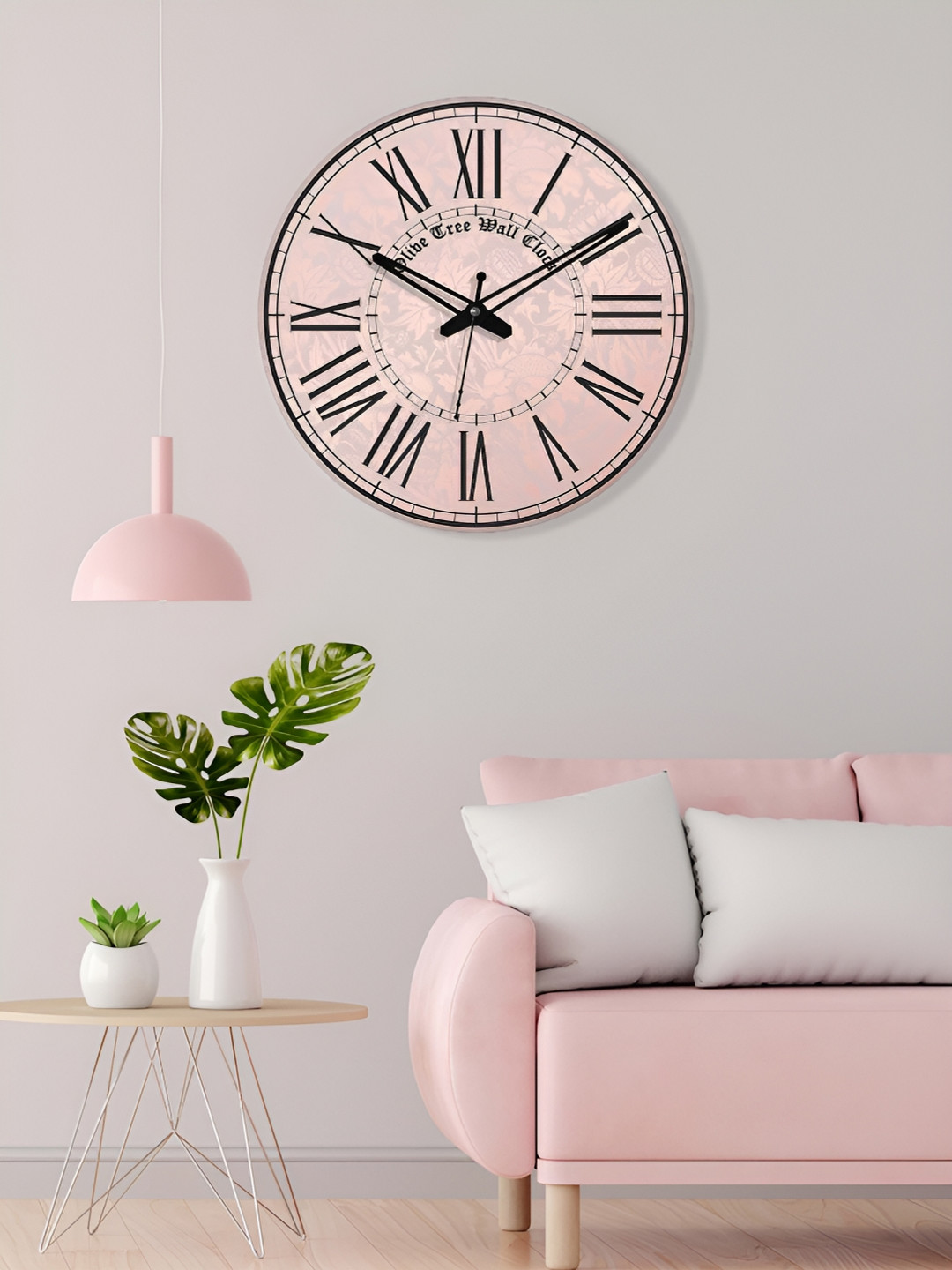 OLIVE TREE Pink & Black Printed Contemporary Wooden Analogue Wall Clock