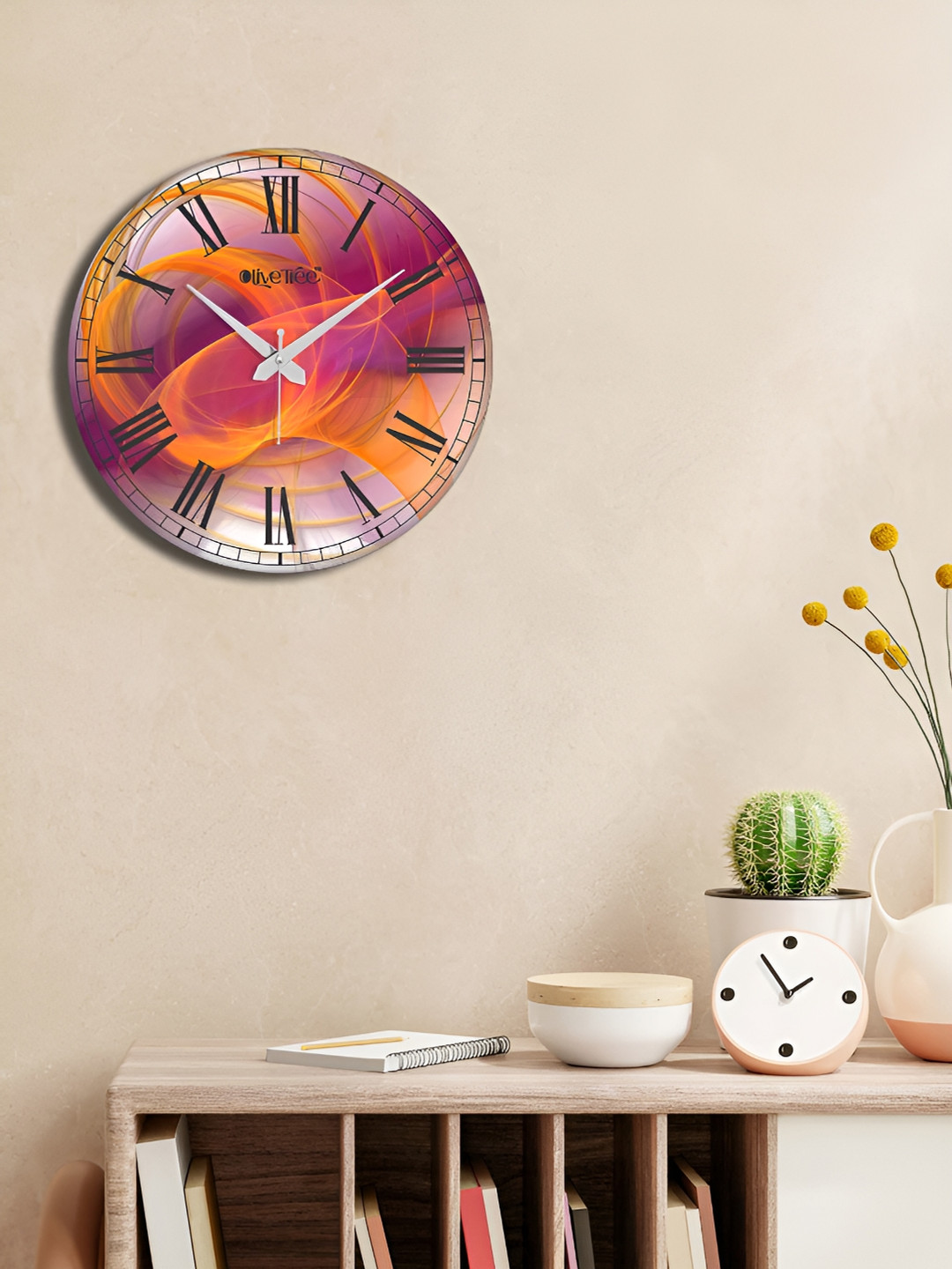 OLIVE TREE Pink & Orange Printed Analogue Contemporary Wall Clock
