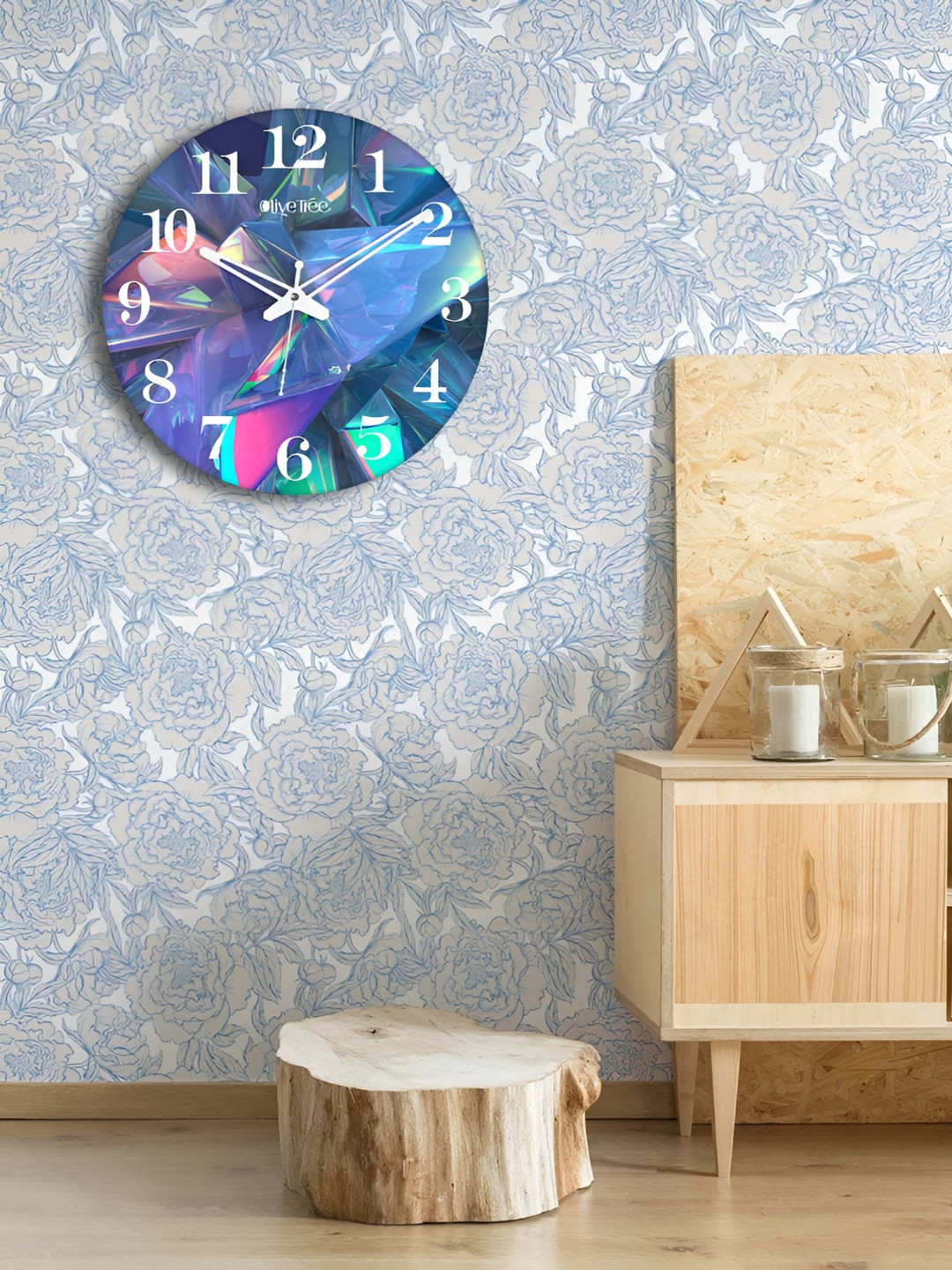 OLIVE TREE Blue MDF Large Display Round Battery Analogue Wall Clock-38cm