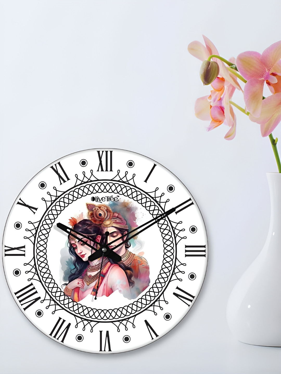 OLIVE TREE White MDF Large Display Round Battery Analogue Radha Krishna Wall Clock-38cm