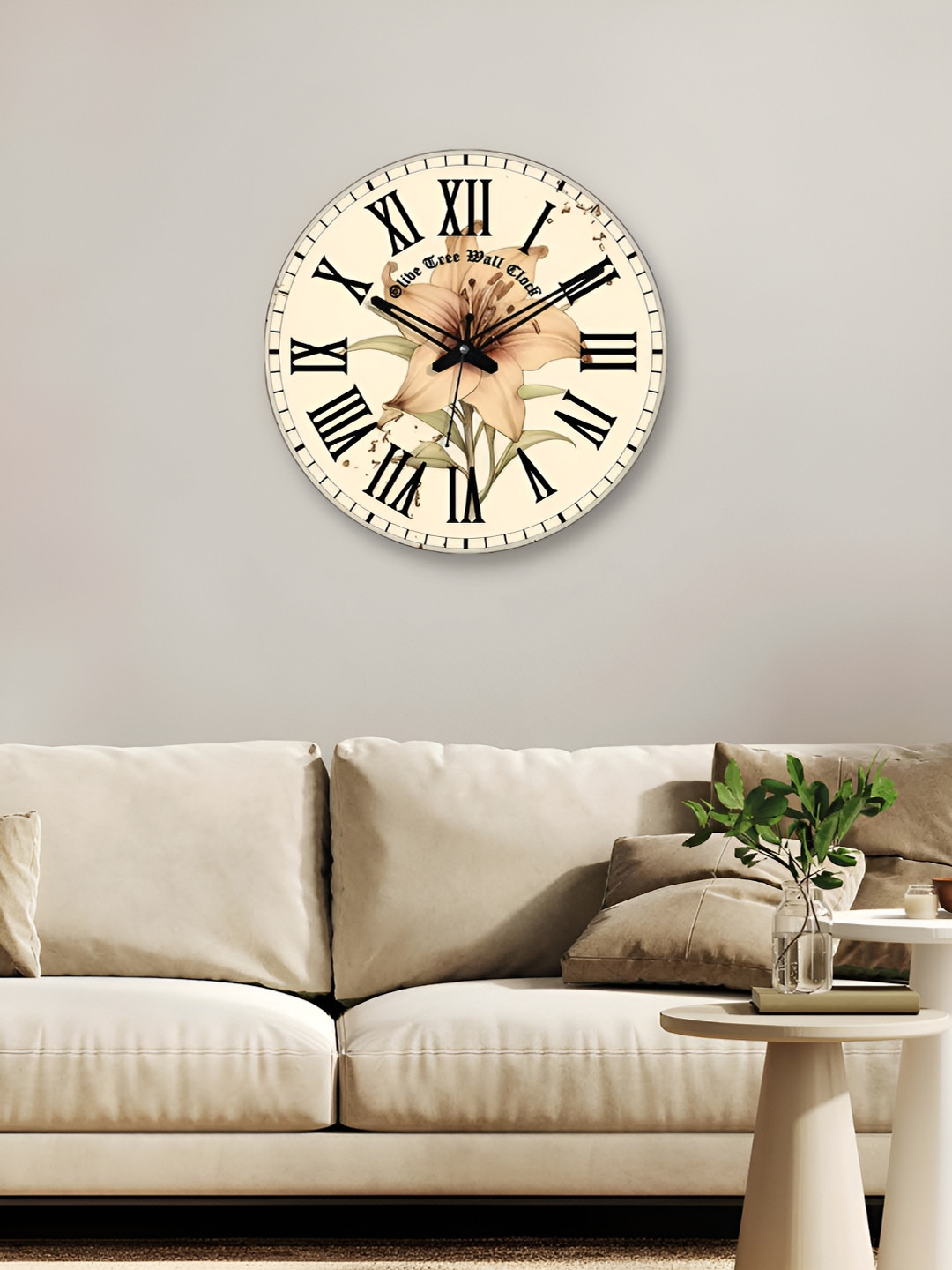 OLIVE TREE Cream-Coloured & Orange Printed Round Contemporary Wall Clock