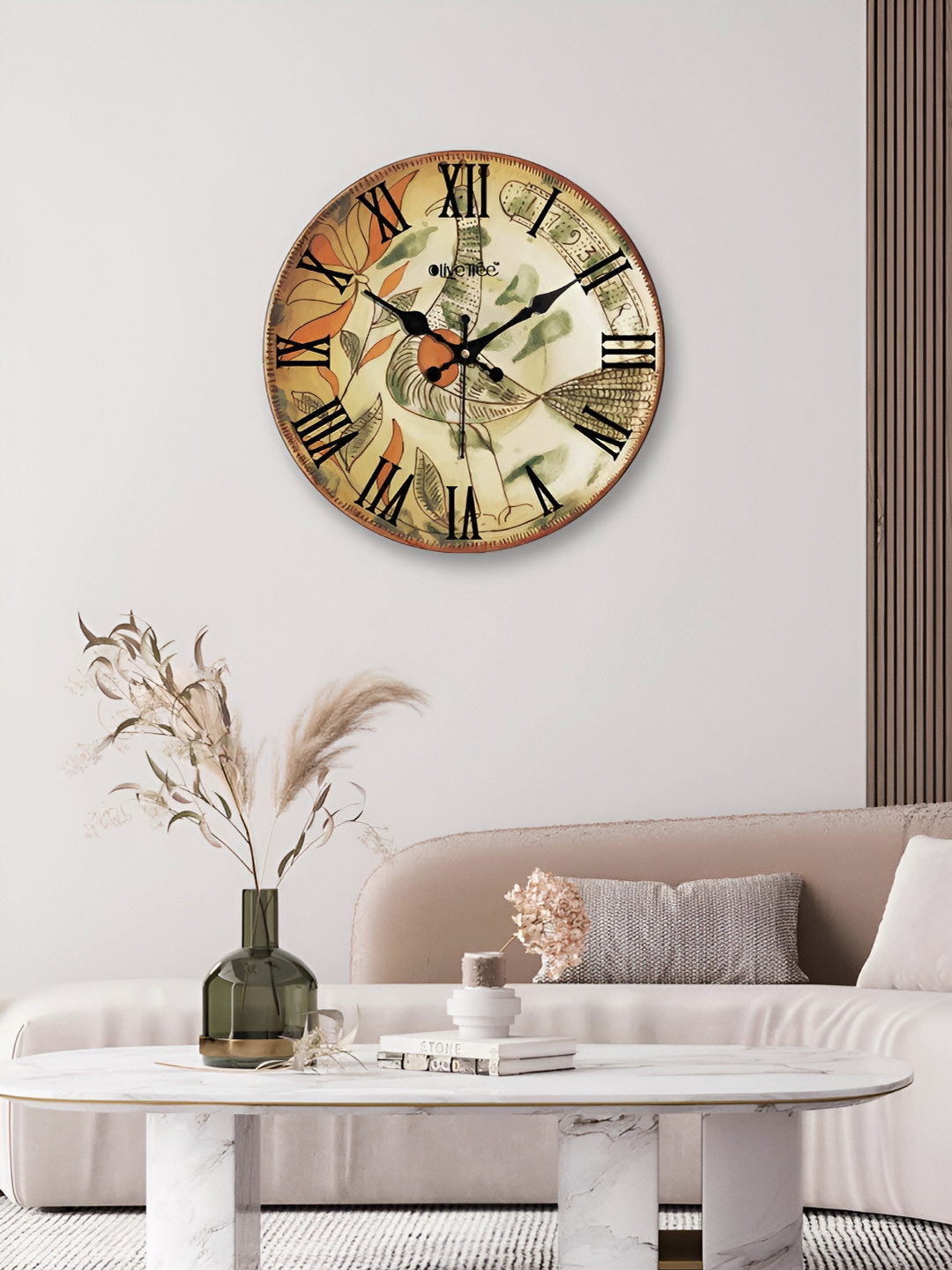 OLIVE TREE Cream MDF Large Display Round Battery Analogue Wall Clock-38cm