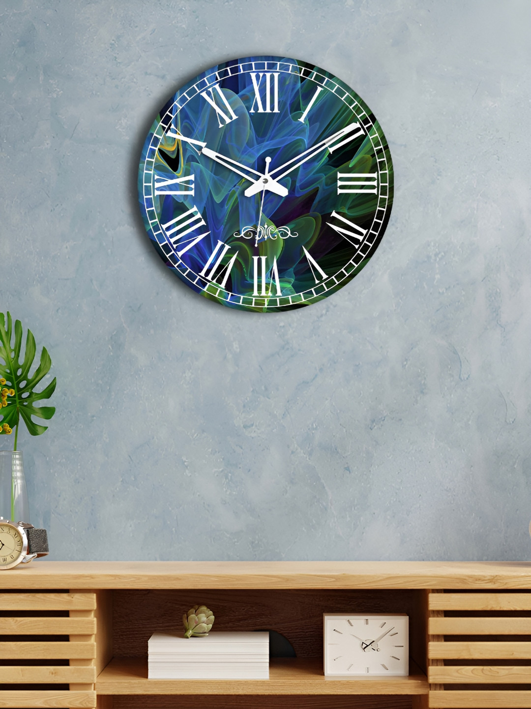 OLIVE TREE Blue & Green Printed Round Contemporary Wall Clock
