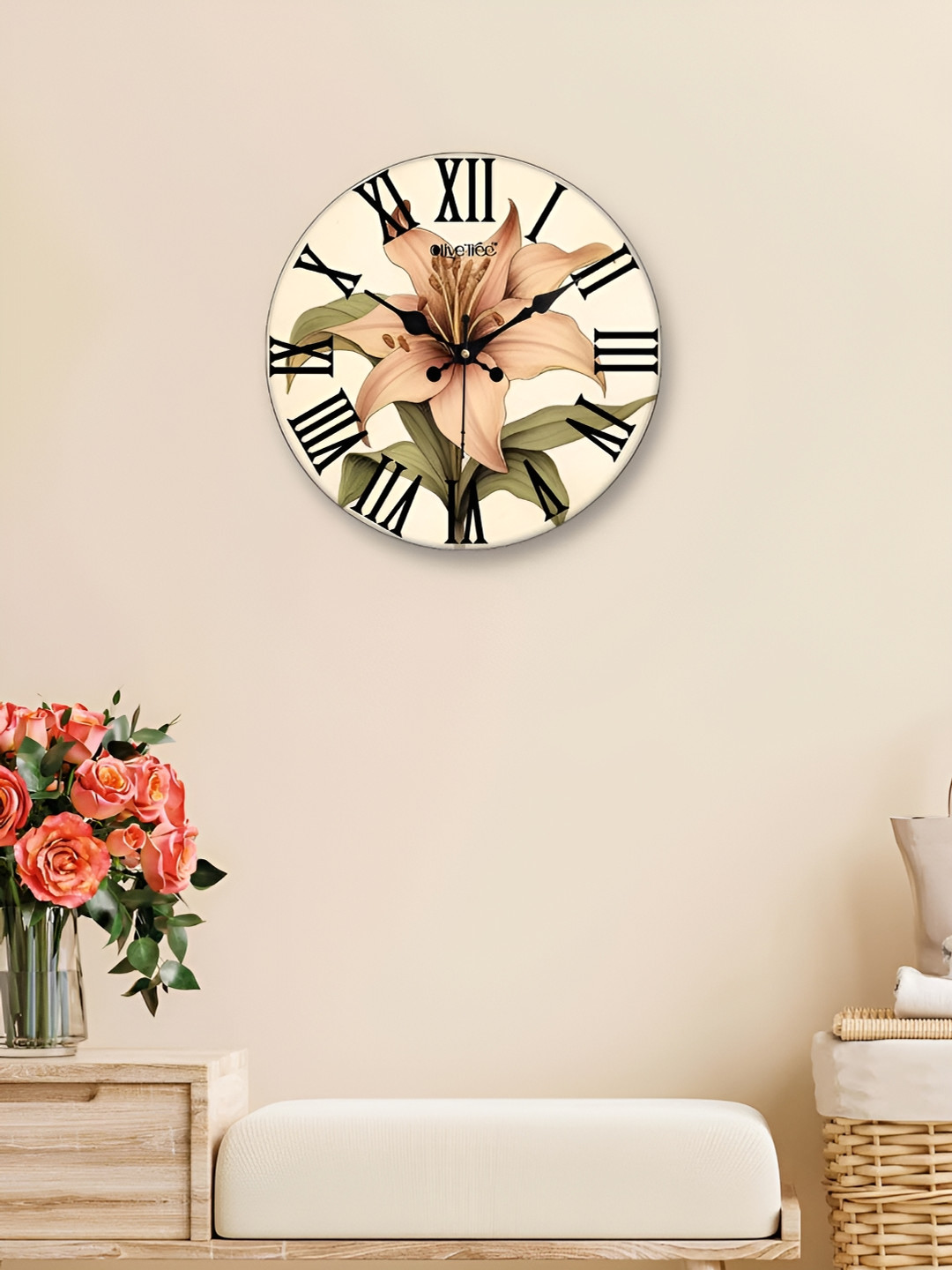 OLIVE TREE Cream-Coloured & Green Printed Round Contemporary Wall Clock
