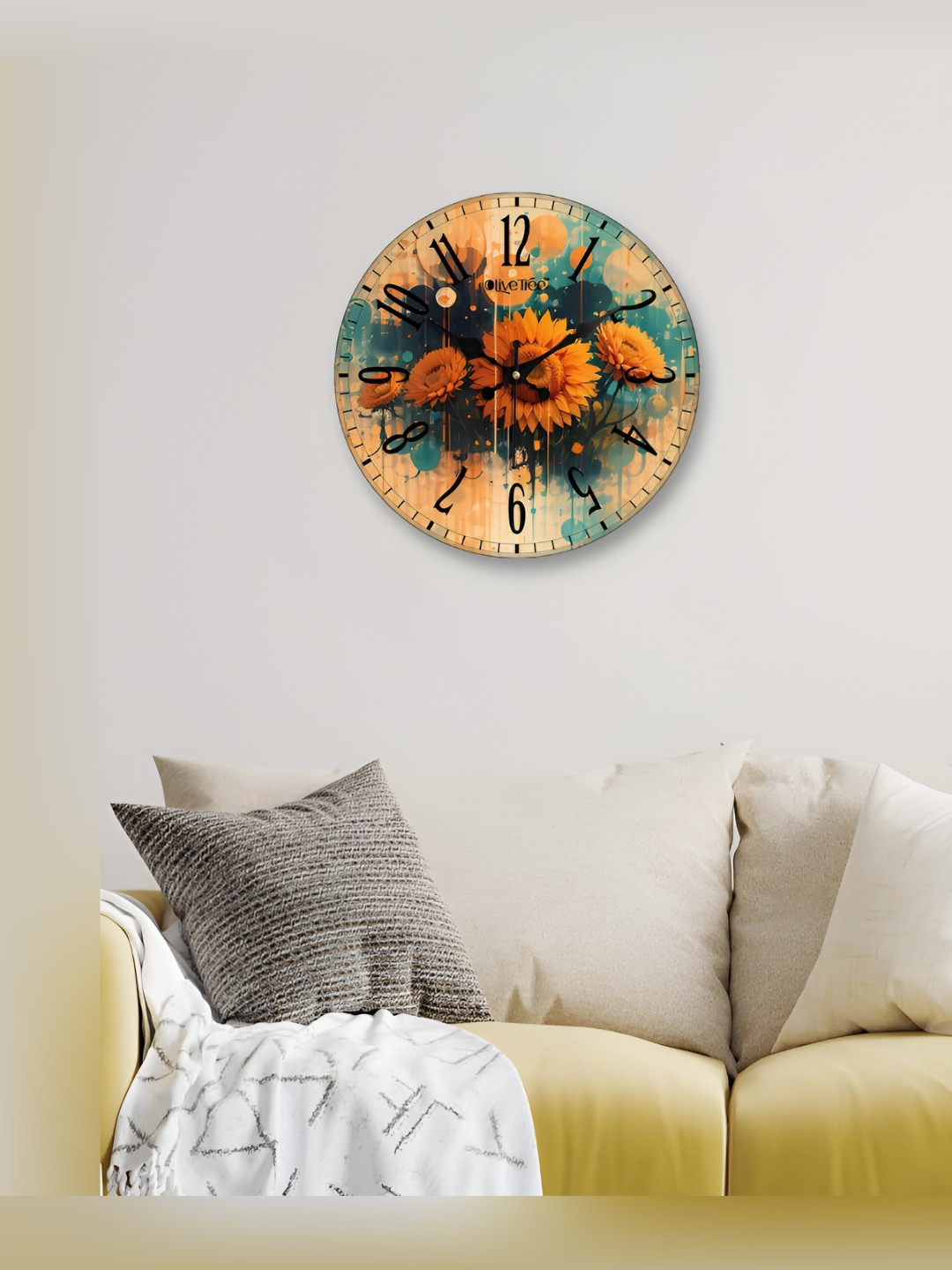 OLIVE TREE Green & Orange Printed Round Contemporary Wall Clock