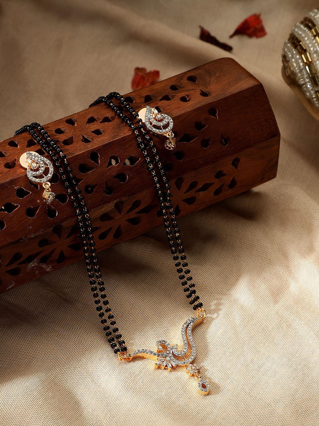 AARSHVI Rhodium-Plated American Diamonds and Beaded Mangalsutra