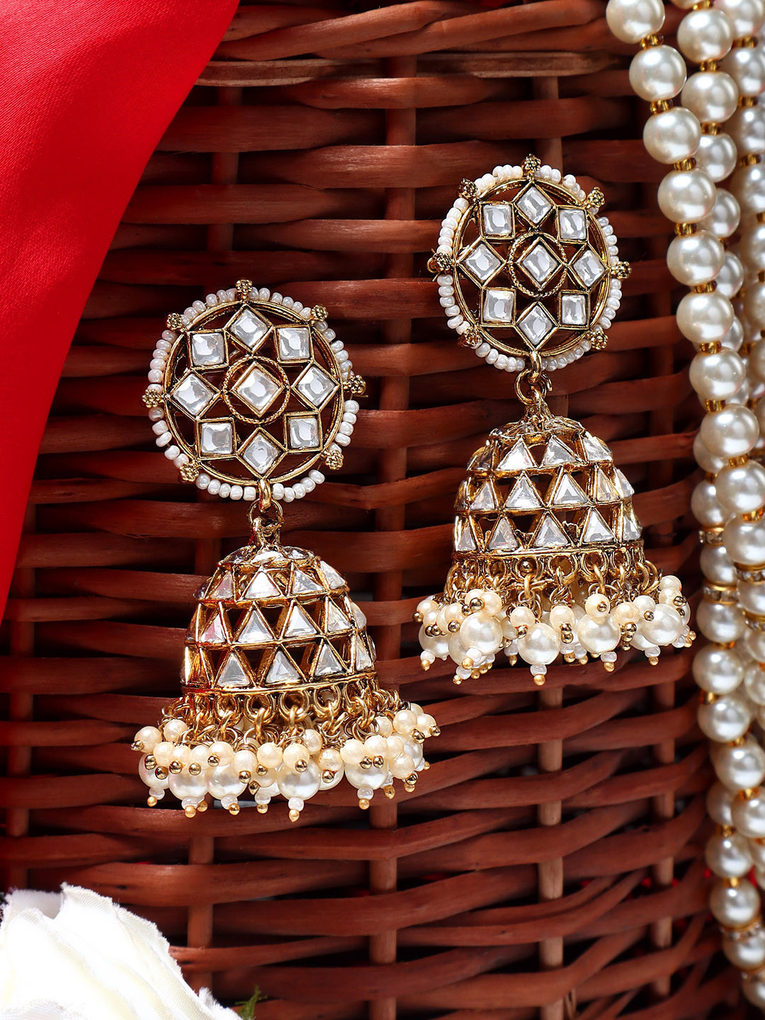 AARSHVI Gold-Plated Kundan Contemporary Jhumkas