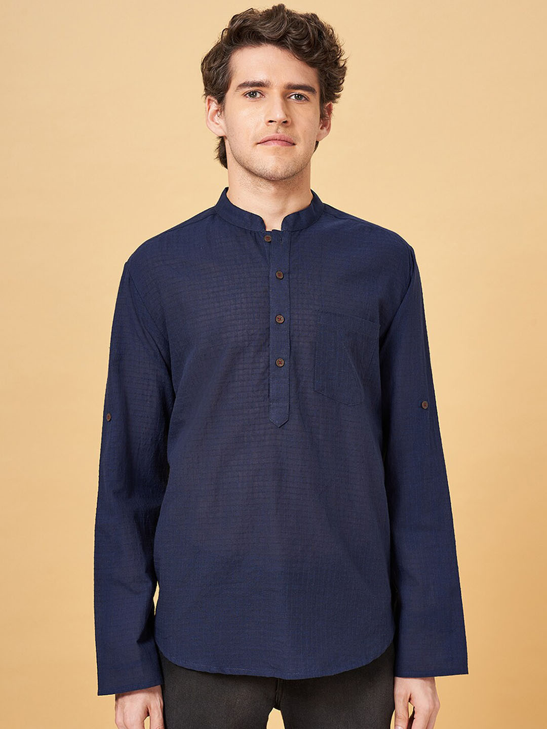 indus route by Pantaloons Woven Designed Mandarin Collar Cotton Straight Kurta