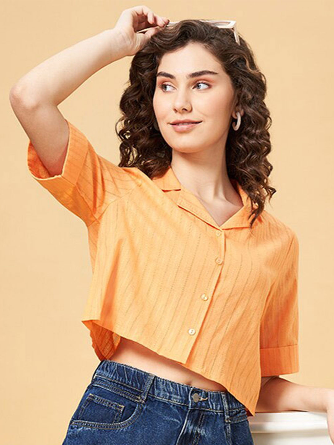 YU by Pantaloons Striped Cuban Collar Roll Up Sleeves Pure Cotton Casual Crop Shirt