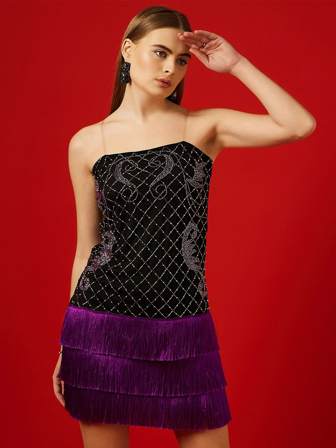 STREET 9 Embellished Shoulder Straps Fringed Net Drop-Waist Mini Dress