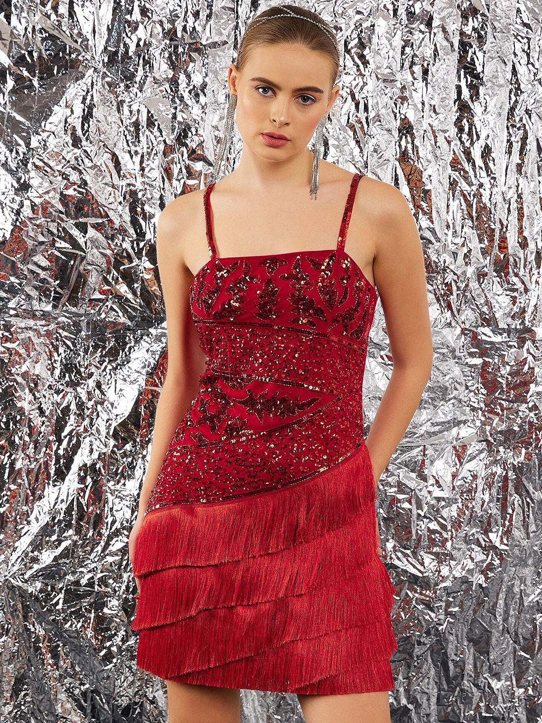 STREET 9 Red Embellished Fringed Sheath Dress