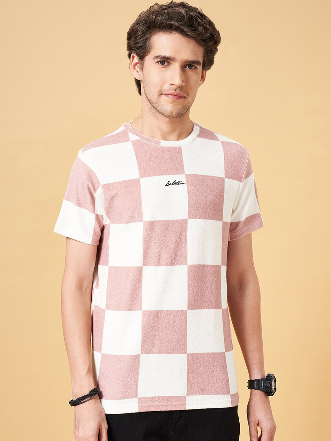 People Mauve & White Checked Slim Fit Cotton T-Shirt