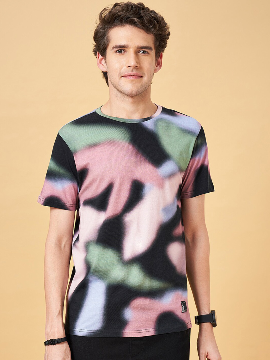 People Black Abstract Printed Cotton Slim Fit T-shirt