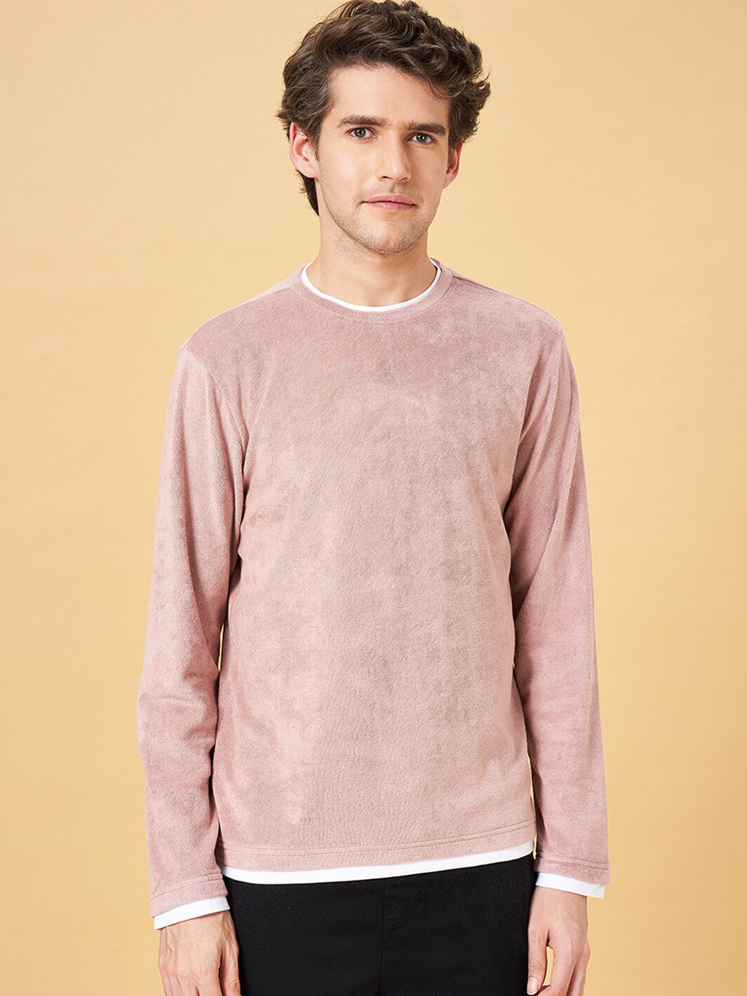 People Pink Long Sleeves Cotton Slim Fit T-shirt