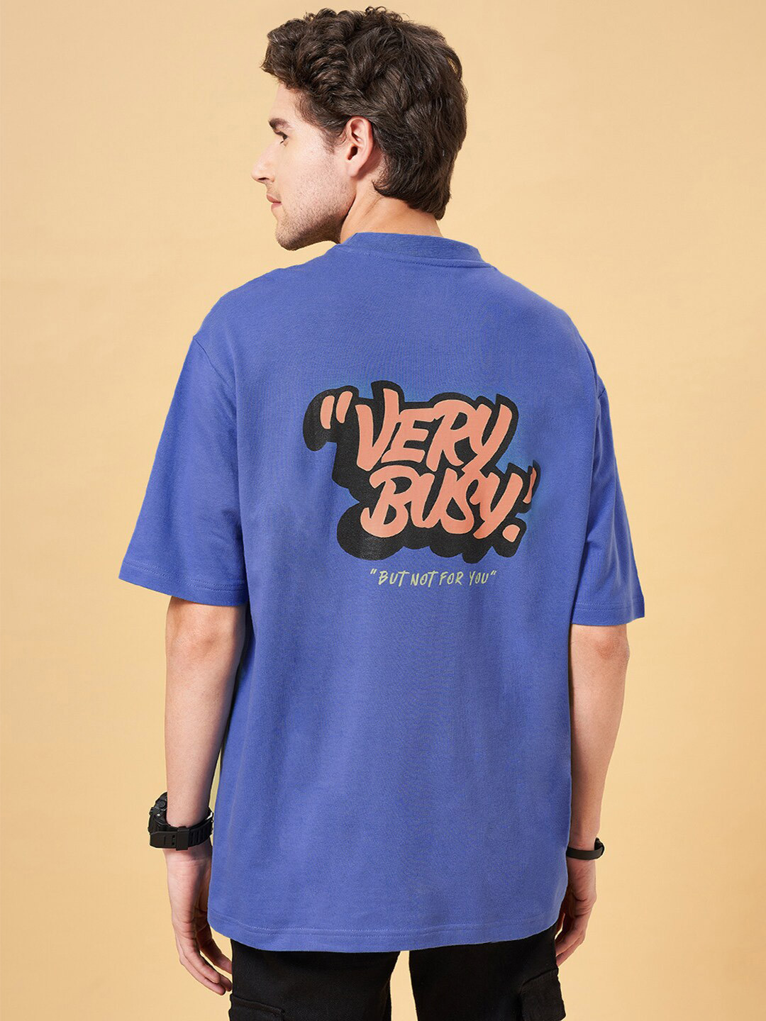 People Blue Typography Printed Cotton Boxy T-shirt