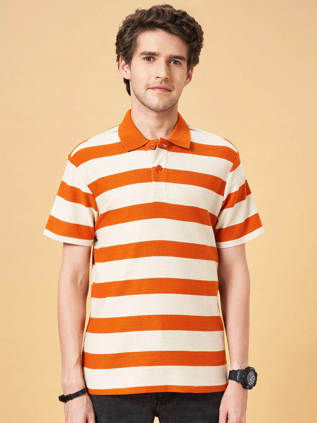 People Orange Striped Polo Collar Cotton T-shirt
