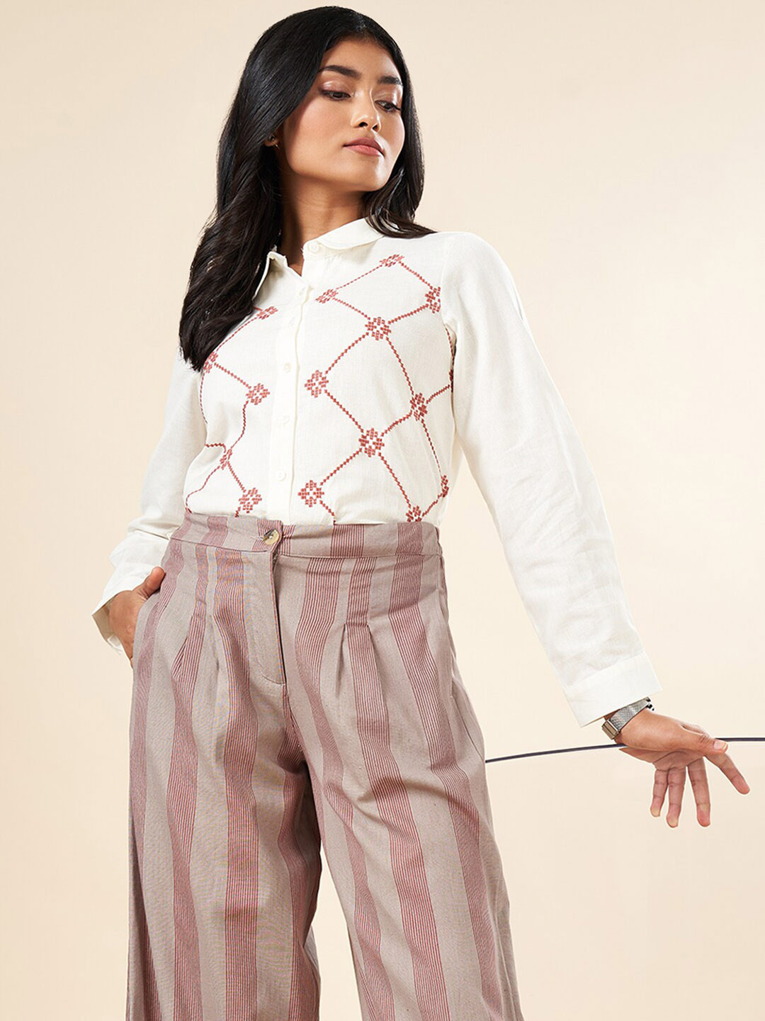 AKKRITI BY PANTALOONS Geometric Embroidered Spread Collar Long Sleeves Casual Shirt