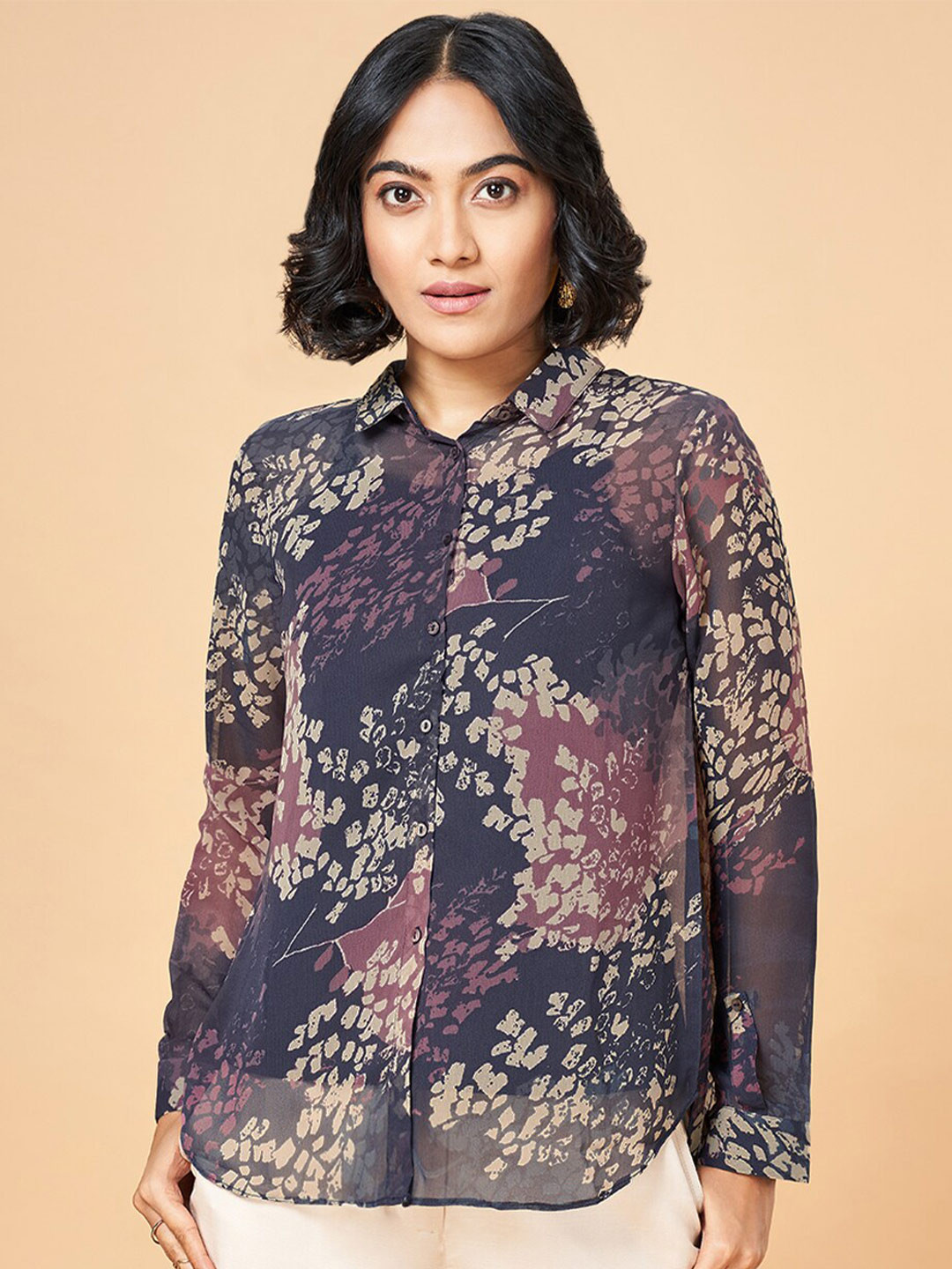 Marigold Lane Abstract Printed Shirt Collar Long Sleeves Tunic