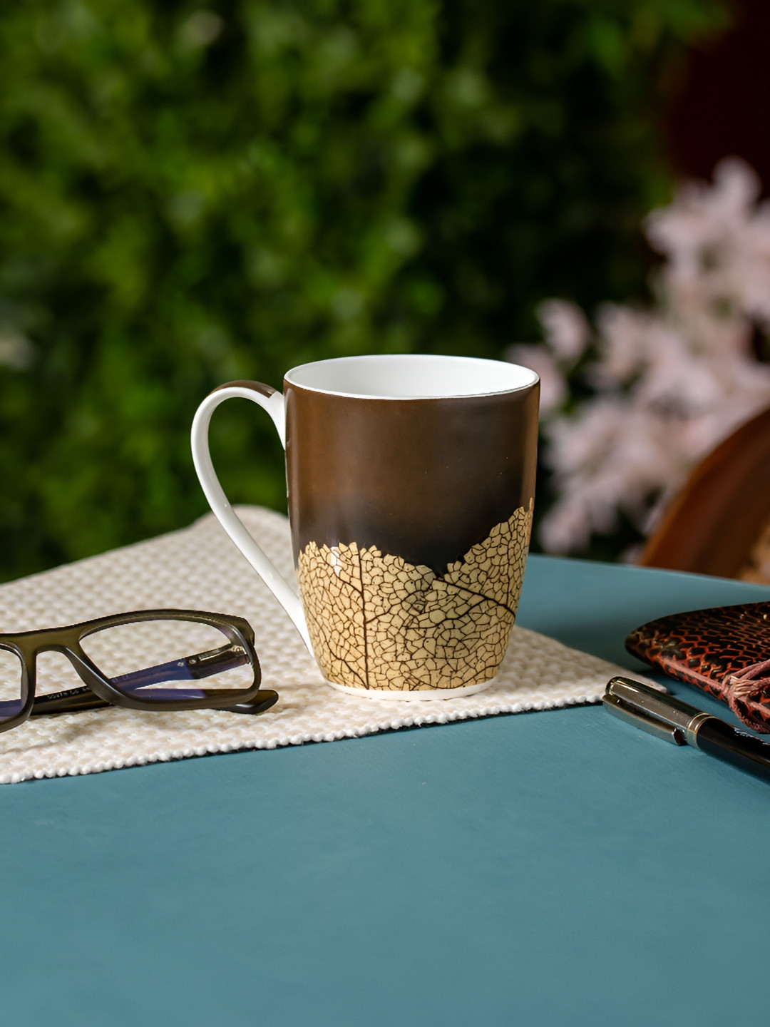 CLAY CRAFT White Leaf Ceramic Microwave Safe 2 Piece Mugs-350ml