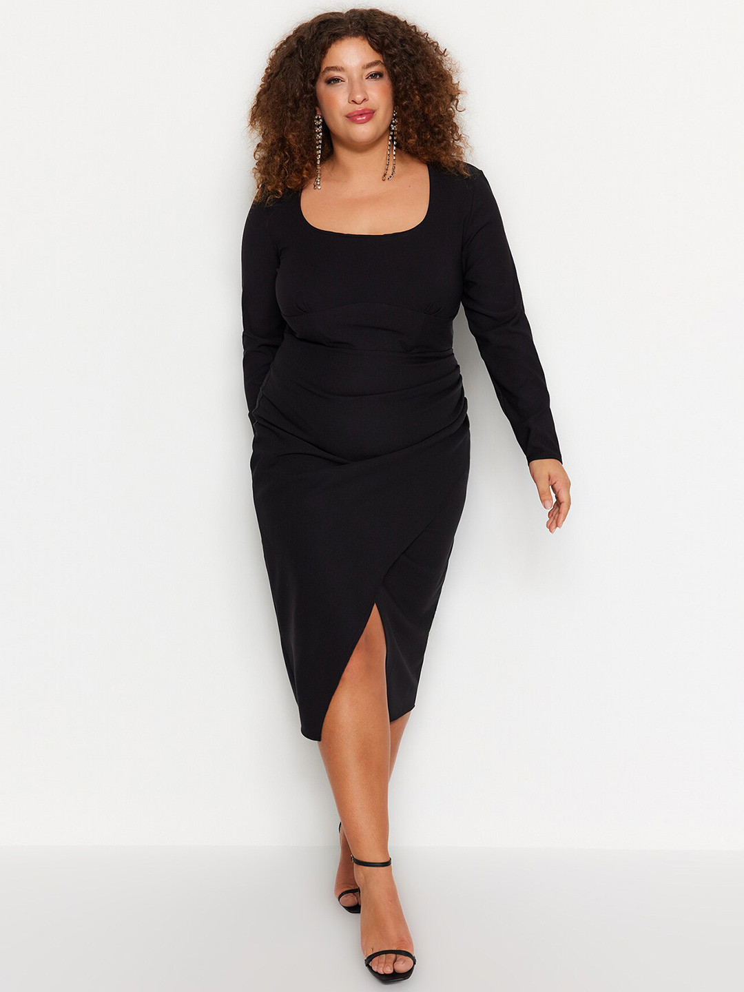 Trendyol Plus Size Square Neck Long Sleeves Gathered Bodycon Dress