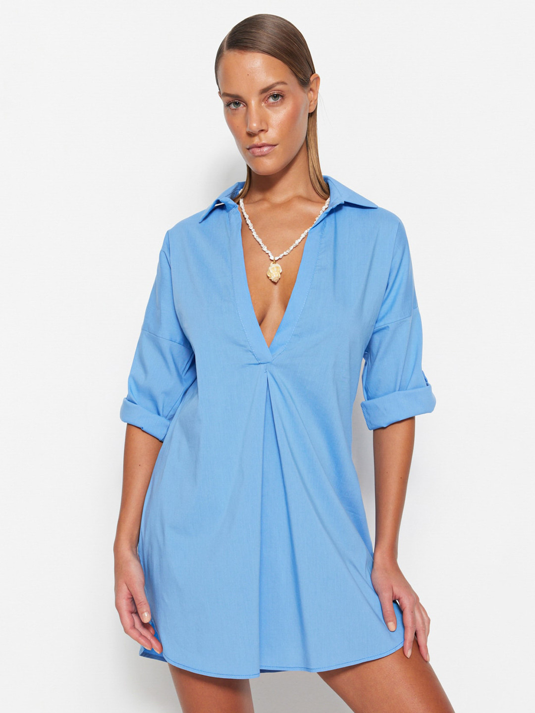 Trendyol Shirt Collar Roll-Up Sleeves Cotton A-Line Mini Dress