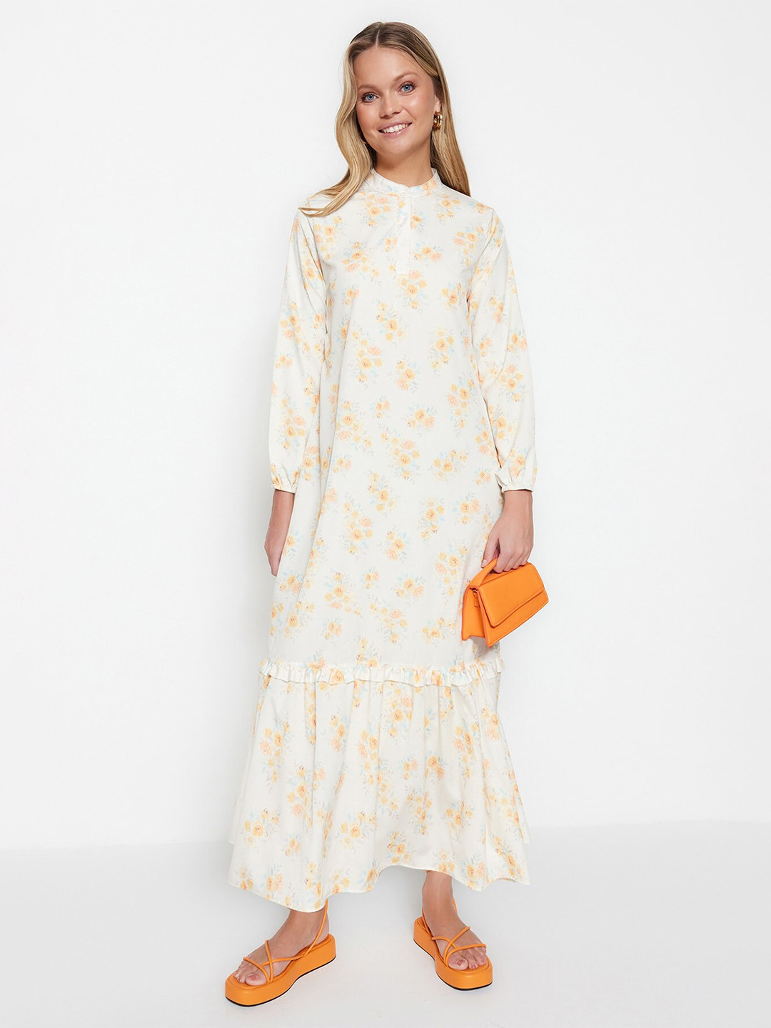 Trendyol Floral Printed Band Collar Cuffed Sleeves Gathered A-Line Maxi Dress