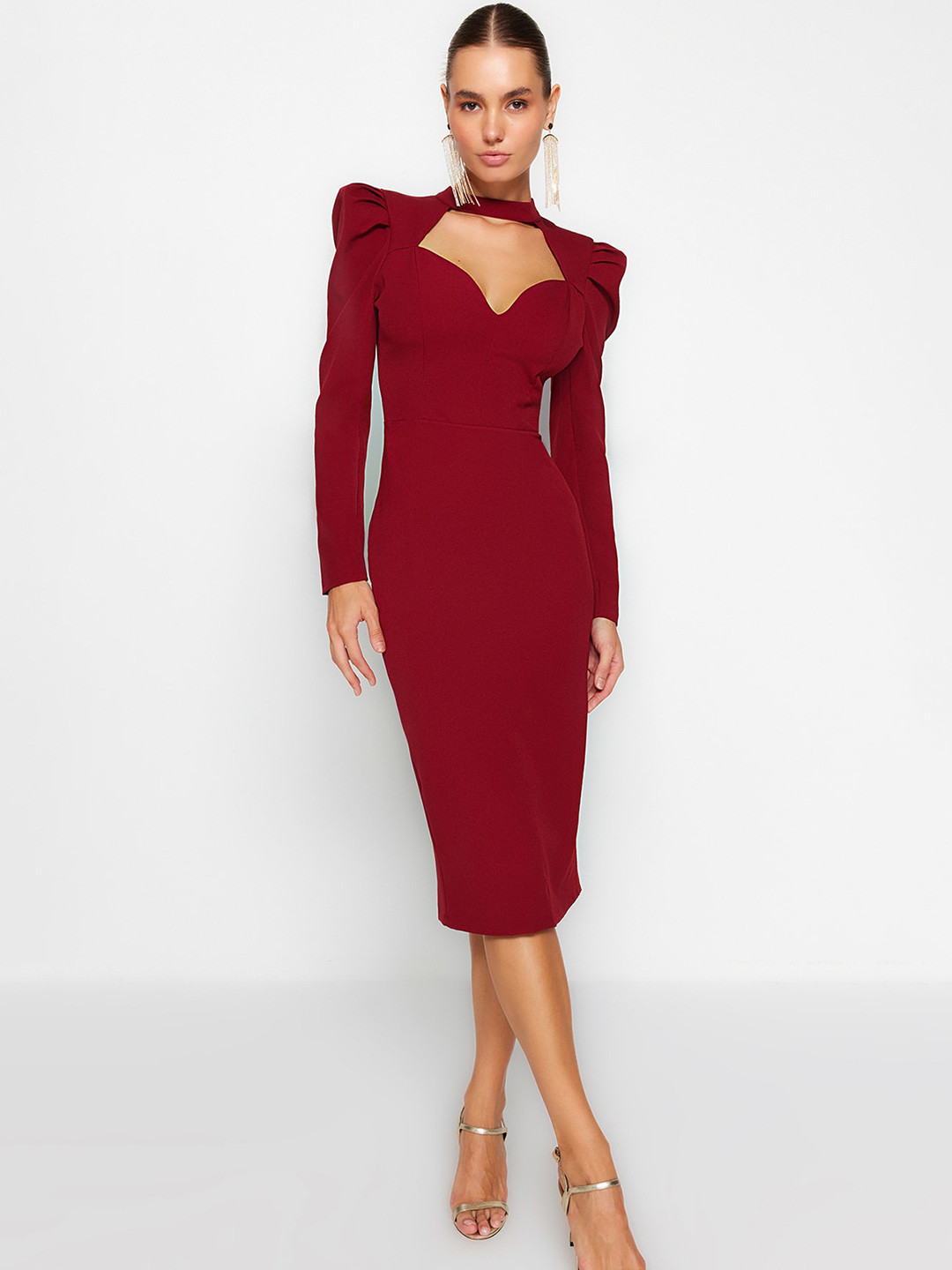 Trendyol Choker Neck Puff Sleeves Sheath Dress