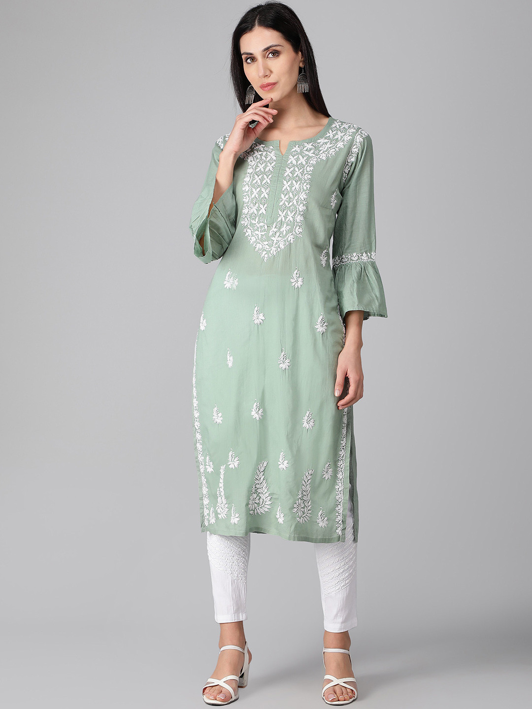 Seva Chikan Ethnic Motifs Embroidered Bell Sleeves Cotton Chikankari Straight Kurta