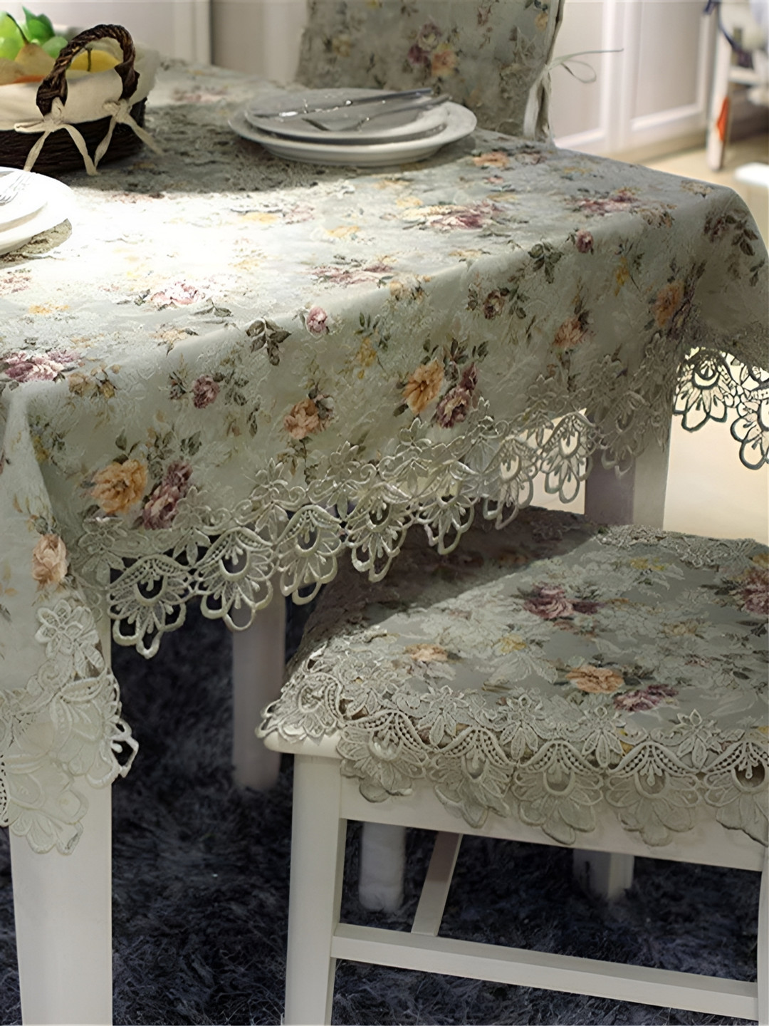 MONKDECOR Beige Floral Printed Cotton 6-Seater Table Cover with Textured details