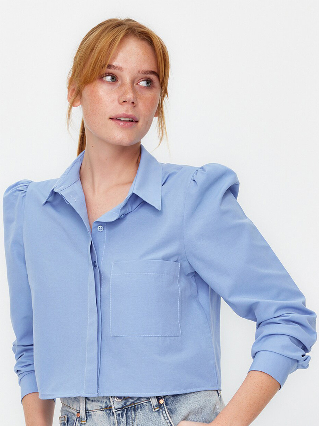 Trendyol Concealed Button Placket Casual Crop Shirt