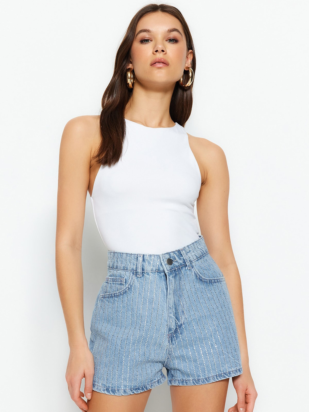 Trendyol Women Embellished Pure Cotton Denim Shorts