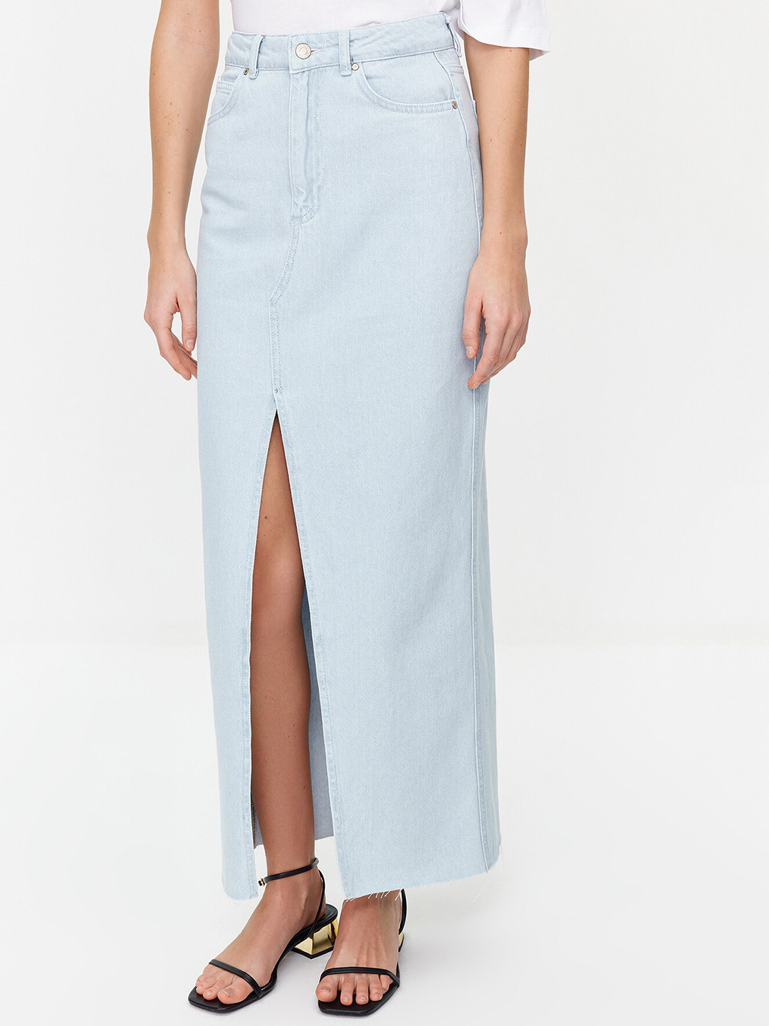 Trendyol Pure Cotton Straight Denim Maxi Skirt with Front-Slit