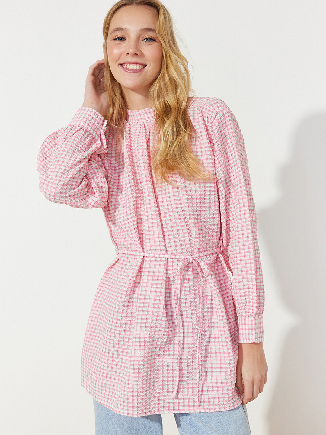 Trendyol Checked High Neck Cuffed Sleeves Tunic