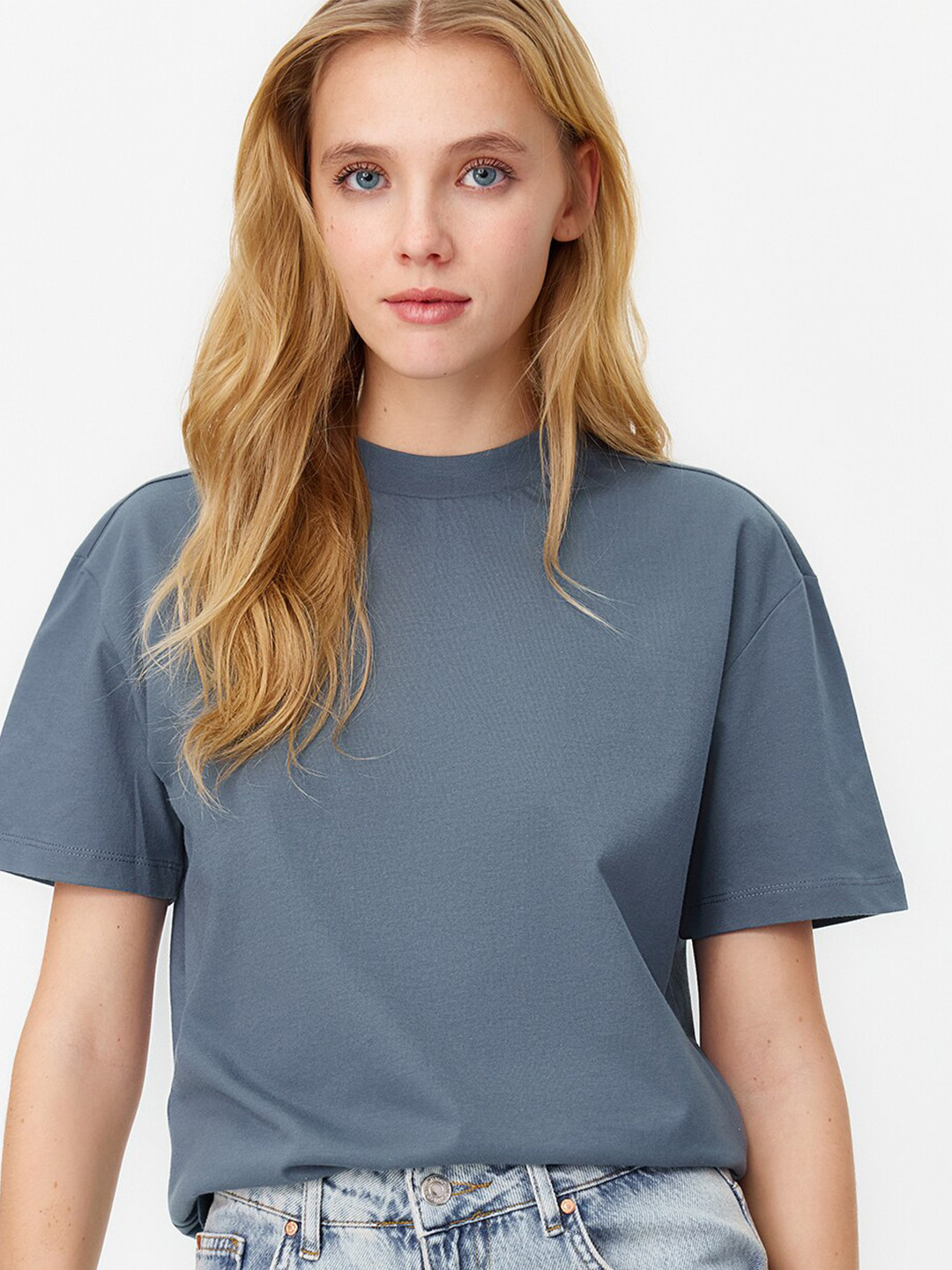 Trendyol High Neck Drop-Shoulder Sleeves Pure Cotton T-shirt