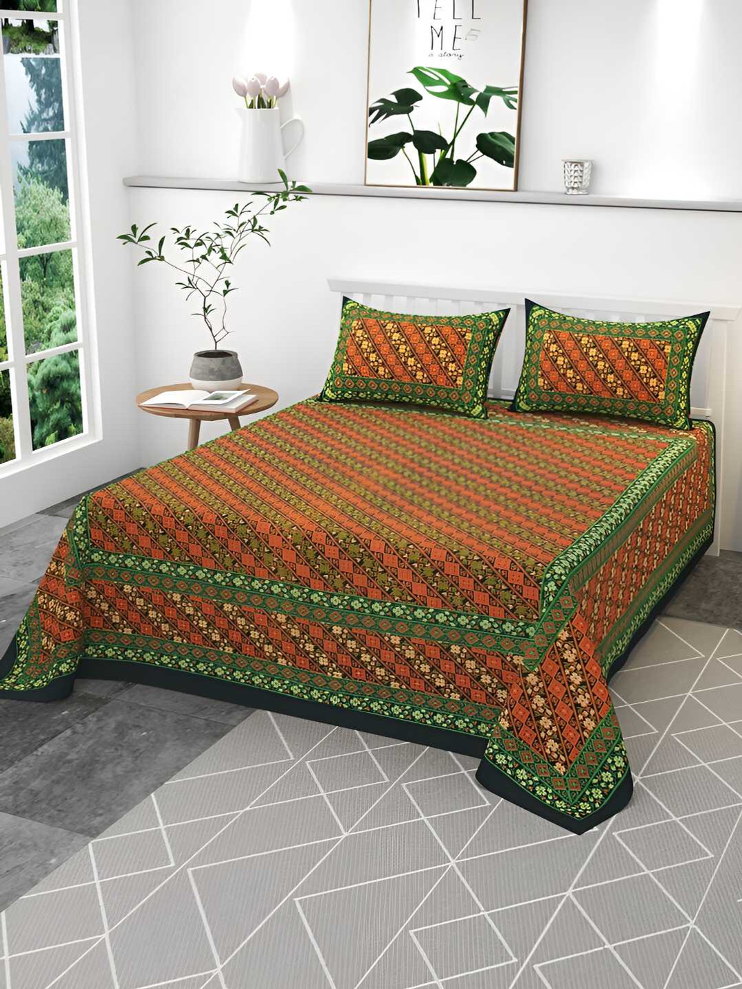 CLIO'S HERITAGE STORE Green Ethnic Motifs Cotton 210 TC King Fine Bedsheet with 2 Pillow Covers-95 x 108 inches