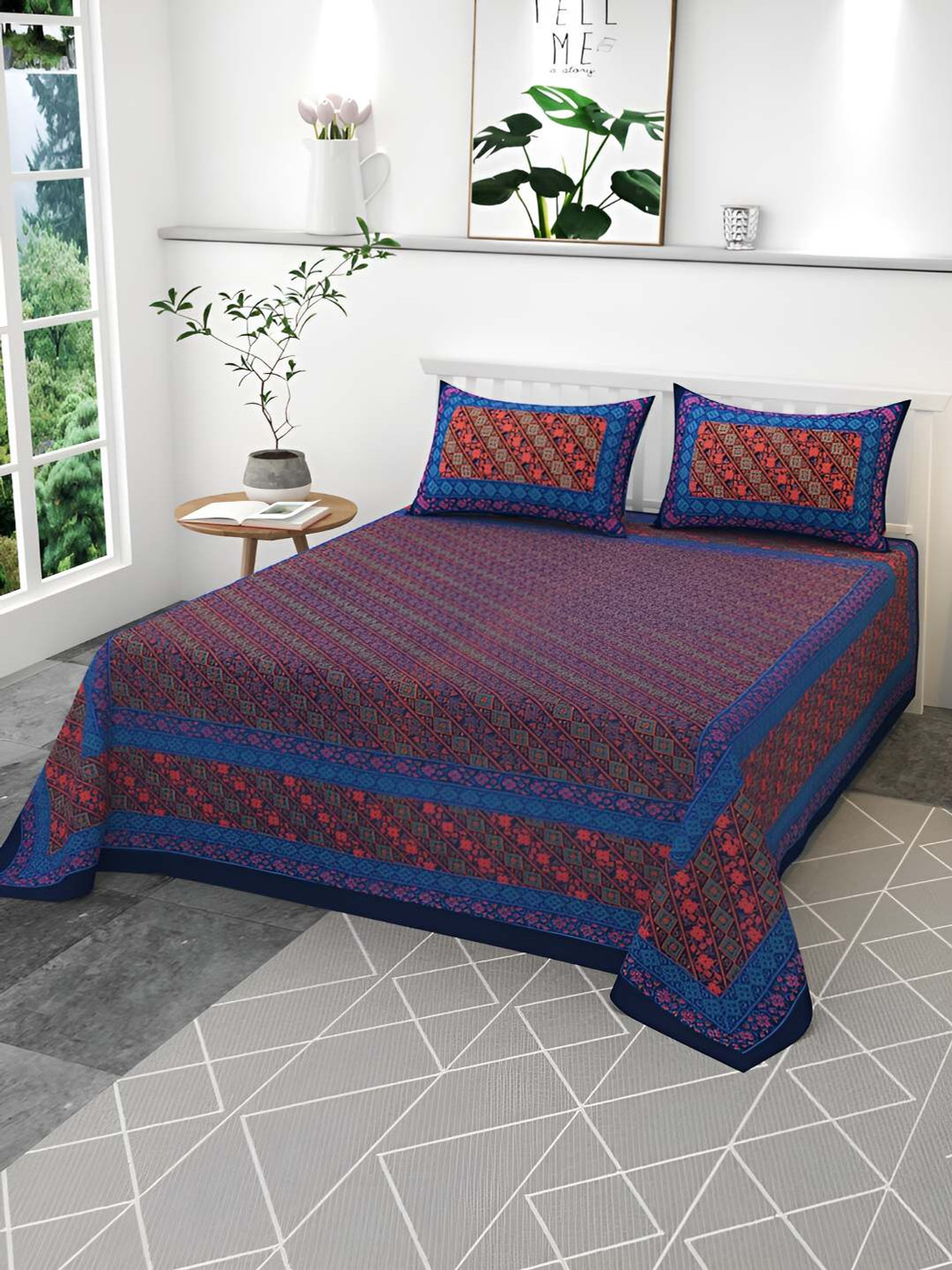 CLIO'S HERITAGE STORE Timeless Barmeri Blue Ethnic Motifs Cotton 210 TC King Fine Bedsheet with 2 Pillow Covers-95 x 108 inches